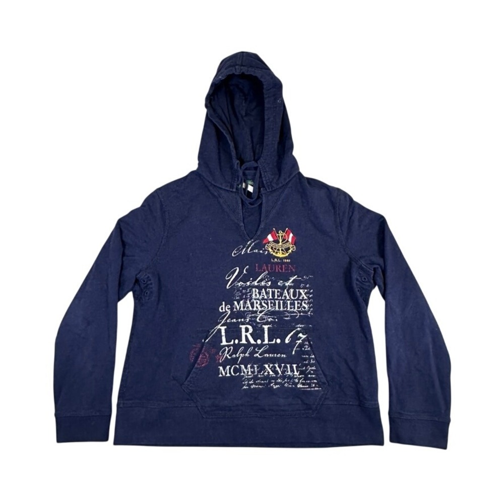 Lauren Ralph Lauren Navy Blue Nautical Graphic Hoodie Sweatshirt XL